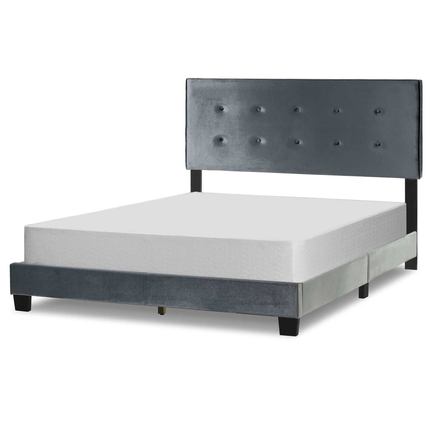 Auryon Silver Gray Velvety Fabric Queen Bed with Button Tufting