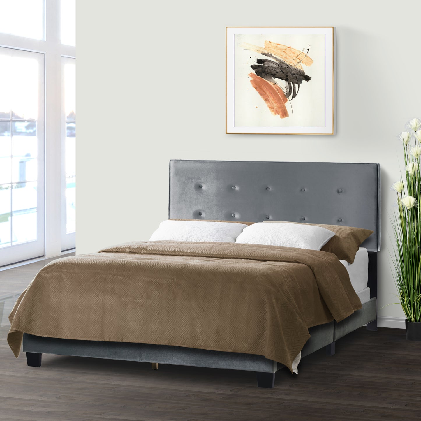 Auryon Silver Gray Velvety Fabric Queen Bed with Button Tufting