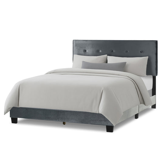 Auryon Silver Gray Velvety Fabric Queen Bed with Button Tufting