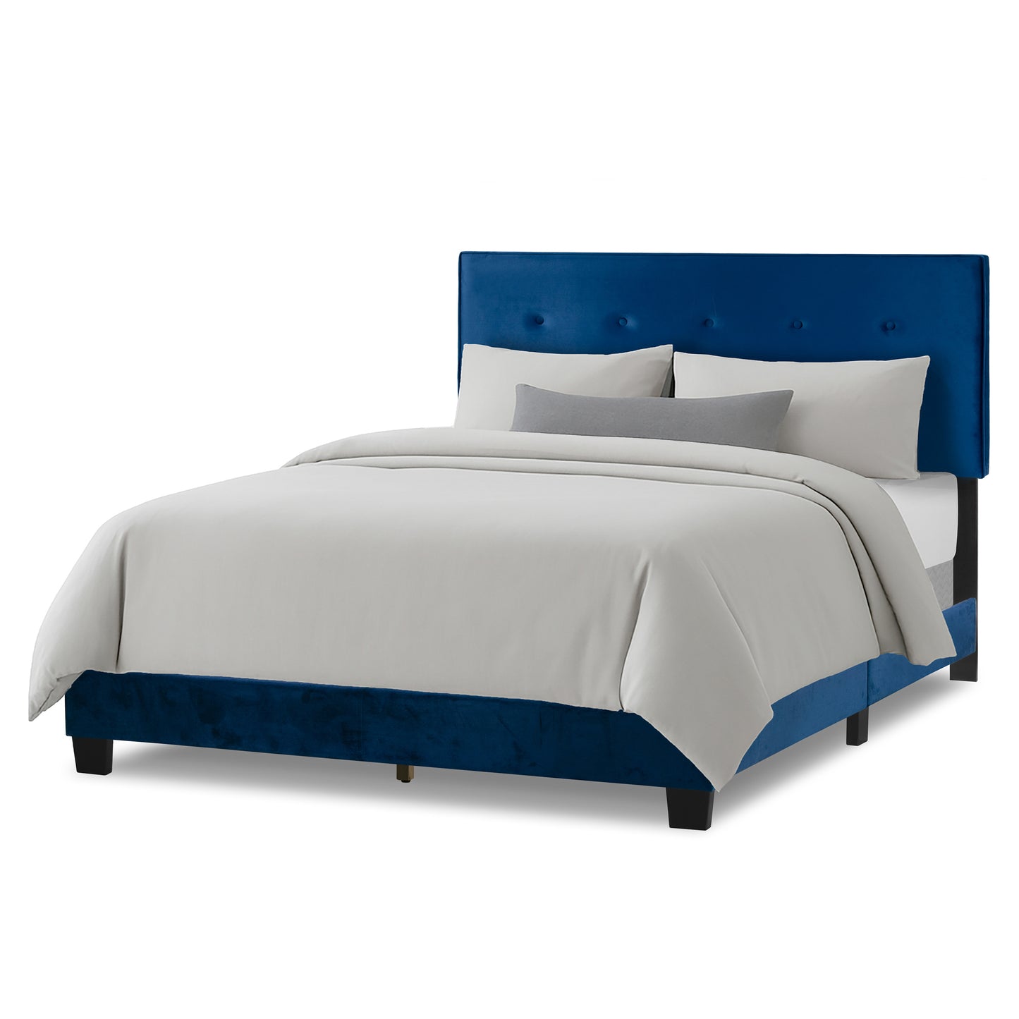 Auryon Navy Blue Velvety Fabric Queen Bed with Button Tufting