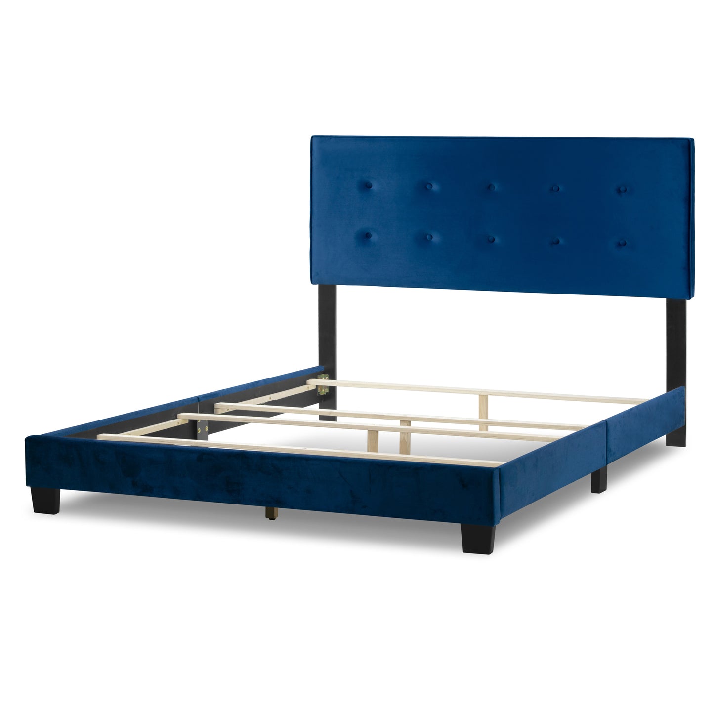 Auryon Navy Blue Velvety Fabric Queen Bed with Button Tufting