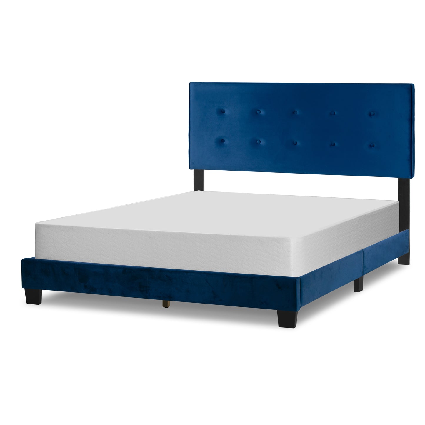 Auryon Navy Blue Velvety Fabric Queen Bed with Button Tufting