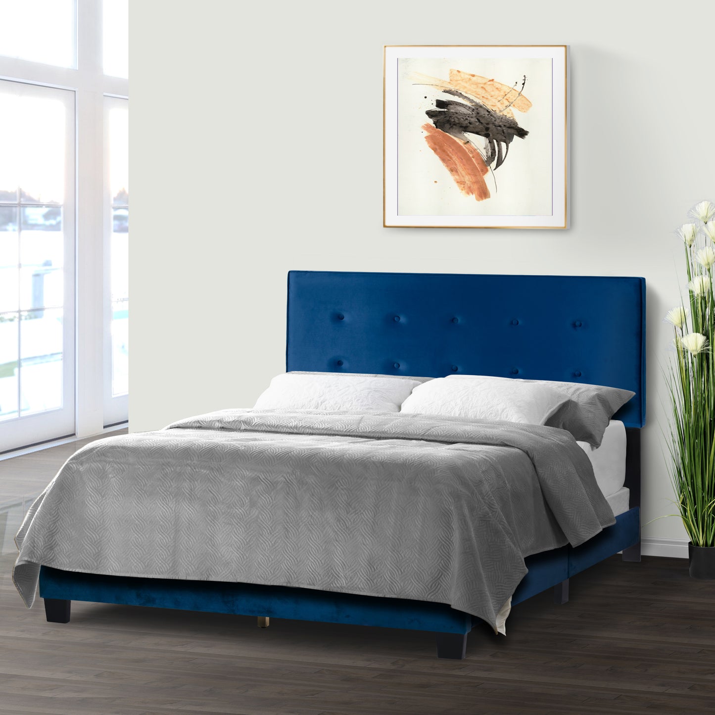 Auryon Navy Blue Velvety Fabric Queen Bed with Button Tufting