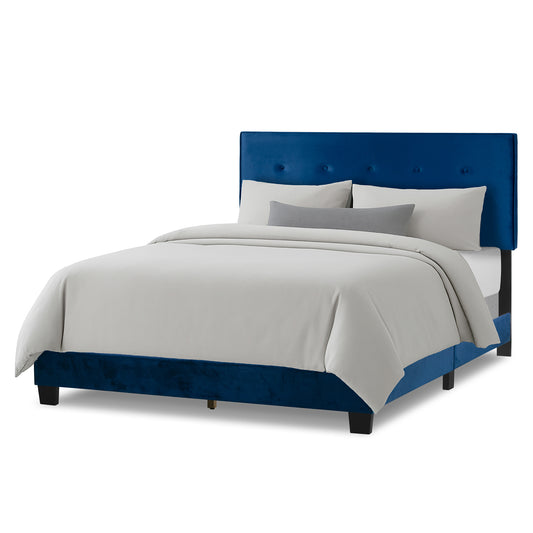 Auryon Navy Blue Velvety Fabric Queen Bed with Button Tufting