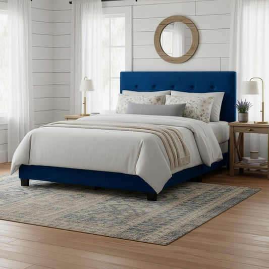 Auryon Navy Blue Velvety Fabric Queen Bed with Button Tufting