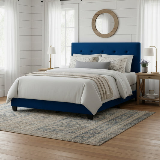 Auryon Navy Blue Velvety Fabric Queen Bed with Button Tufting