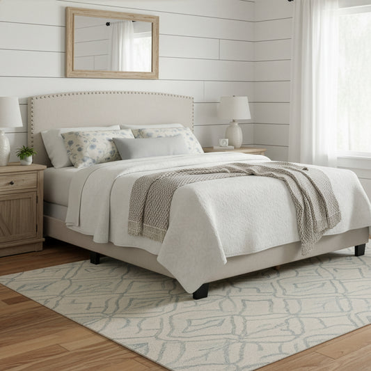 Ausca Beige Fabric Queen Bed with Nail Head Trim