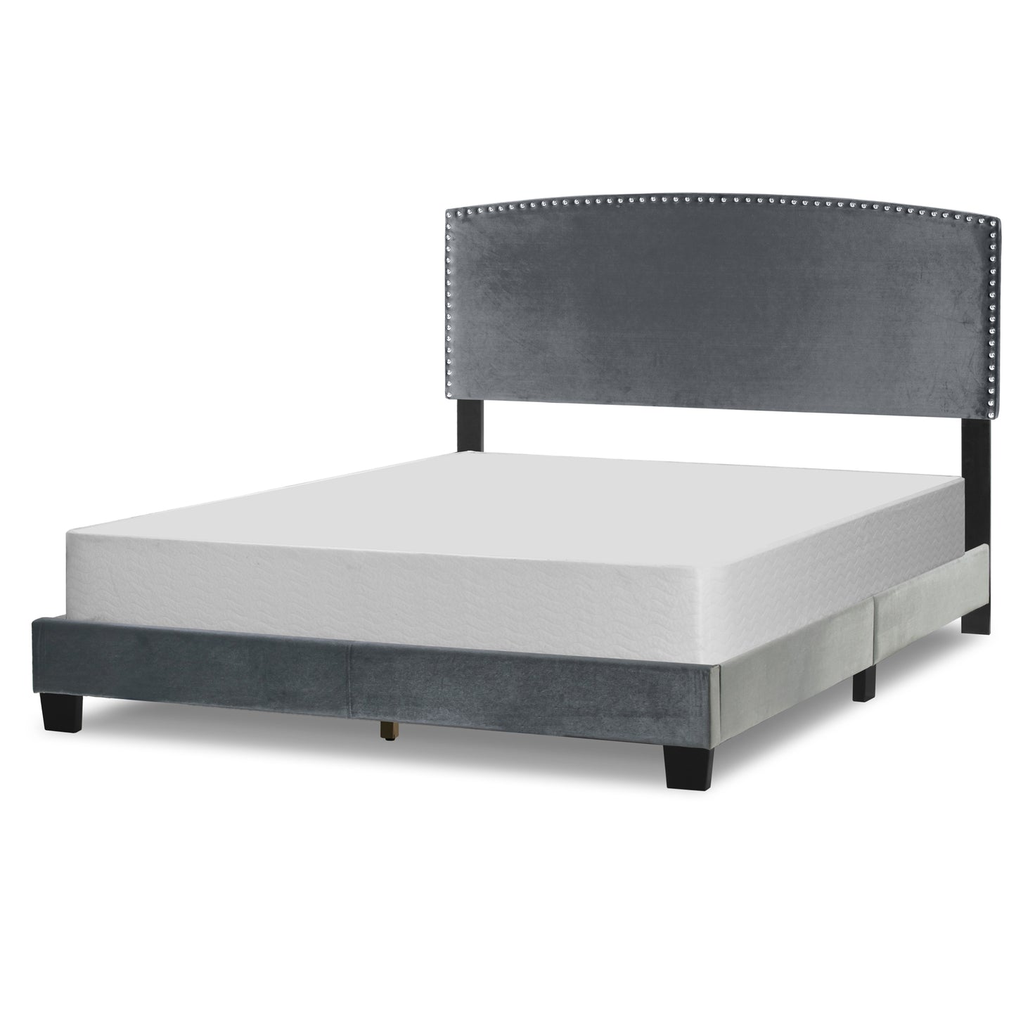 Ausca Silver Gray Velvety Fabric Queen Bed with Nail Head Trim