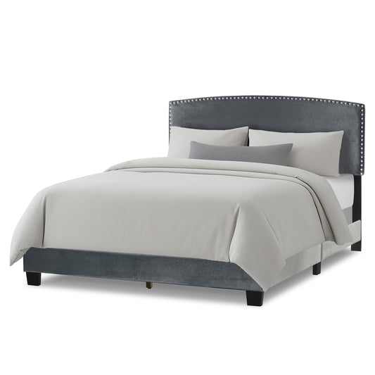 Ausca Silver Gray Velvety Fabric Queen Bed with Nail Head Trim