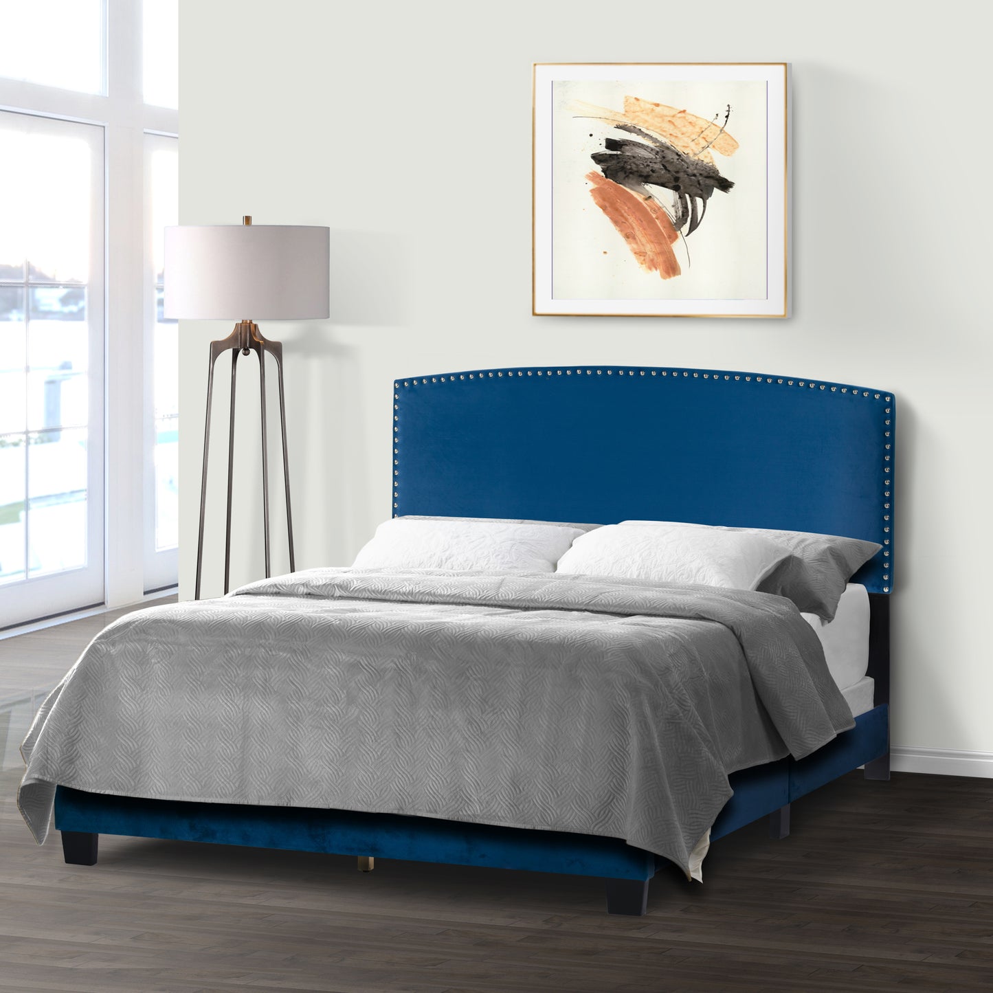 Ausca Navy Blue Velvety Fabric Queen Bed with Nail Head Trim