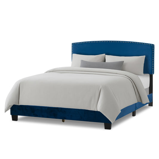 Ausca Navy Blue Velvety Fabric Queen Bed with Nail Head Trim
