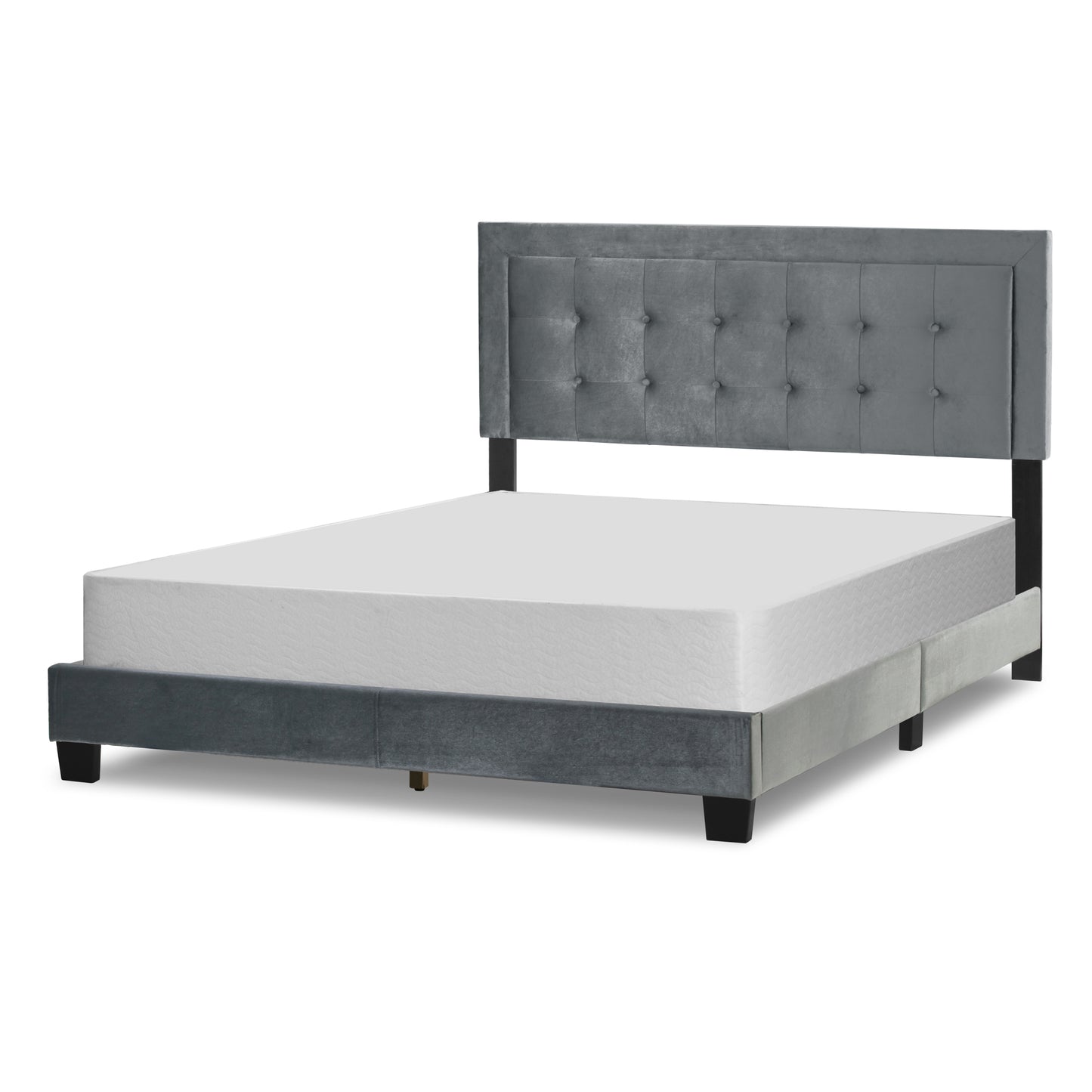 Austin Silver Gray Velvety Fabric Queen Bed with Button Tufting and Stitching