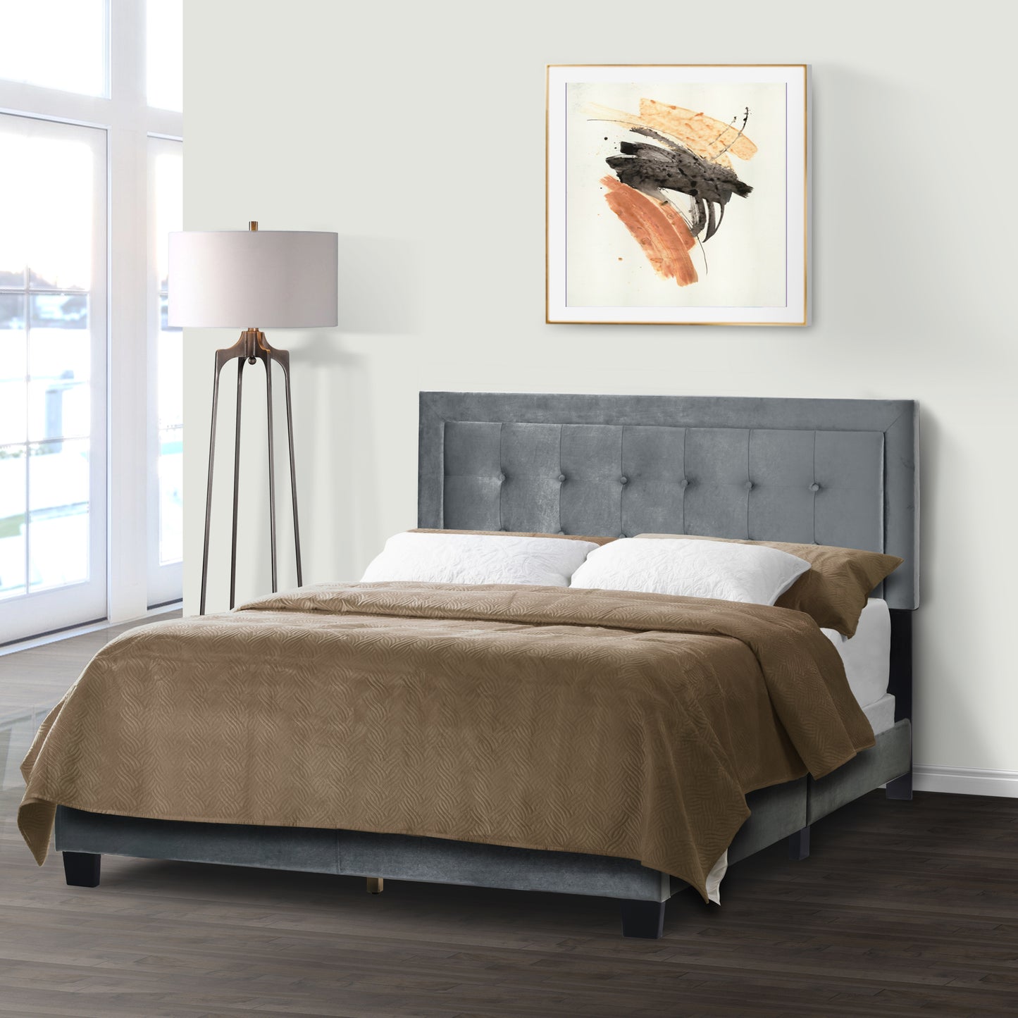 Austin Silver Gray Velvety Fabric Queen Bed with Button Tufting and Stitching