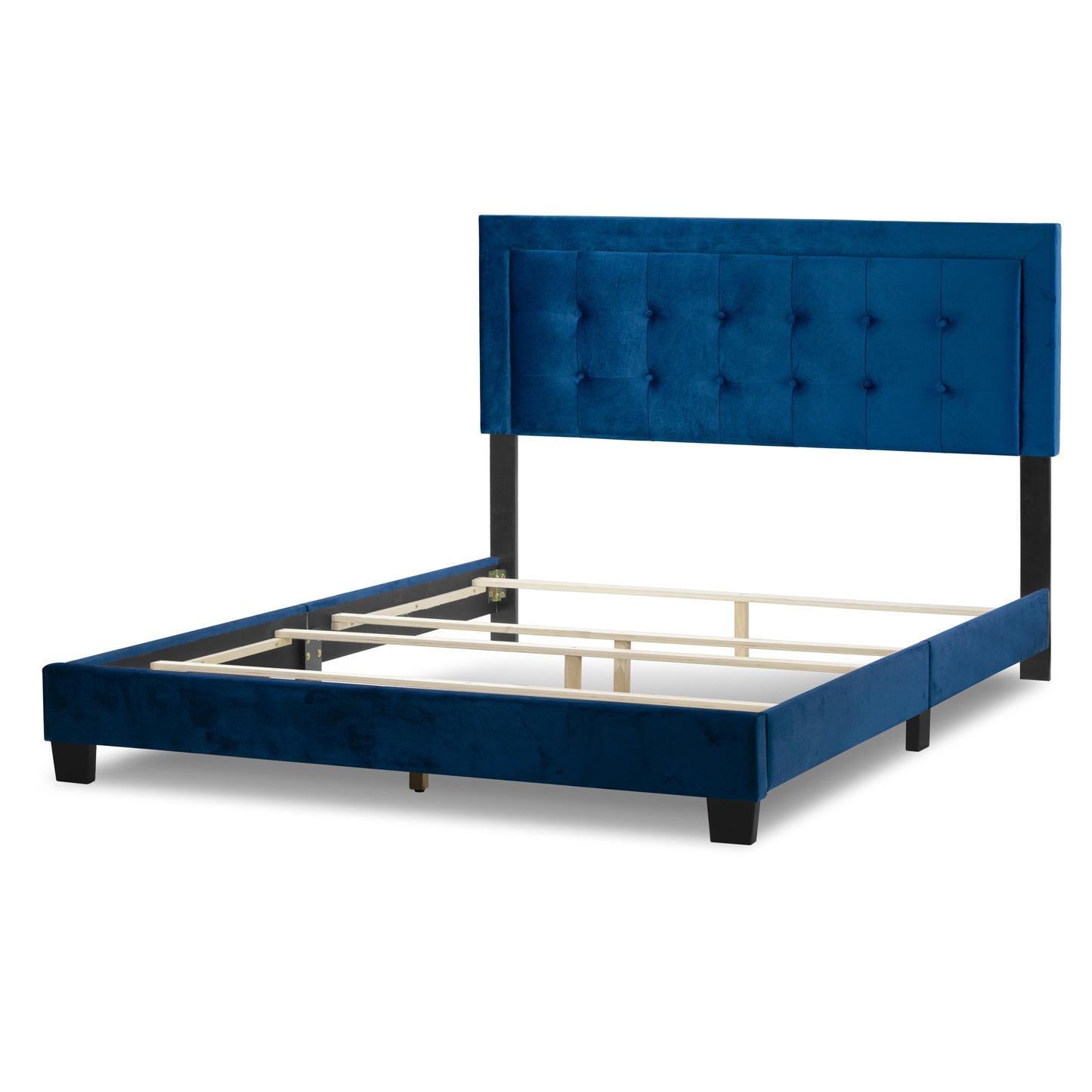 Austin Navy Blue Velvety Fabric Queen Bed with Button Tufting and Stitching