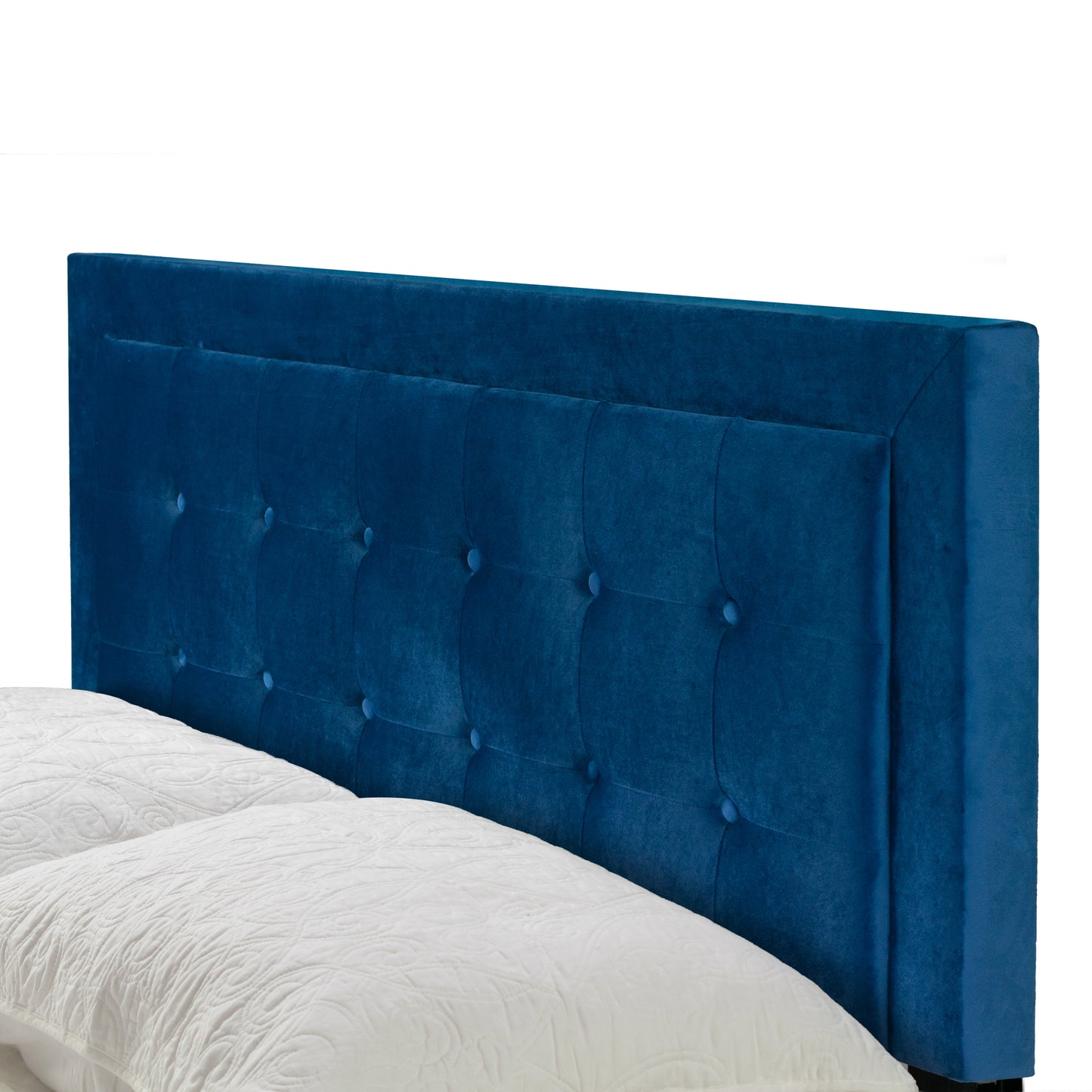 Austin Navy Blue Velvety Fabric Queen Bed with Button Tufting and Stitching
