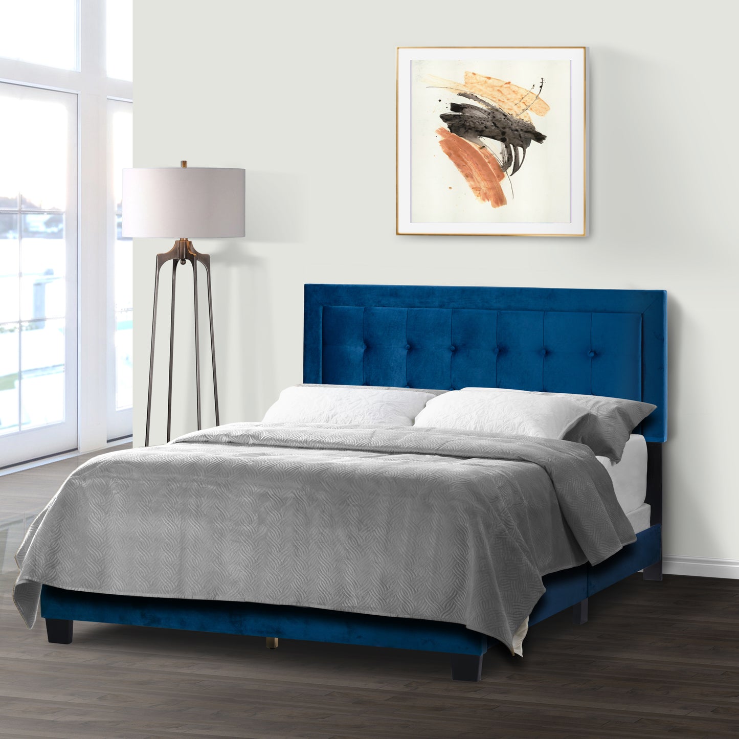 Austin Navy Blue Velvety Fabric Queen Bed with Button Tufting and Stitching