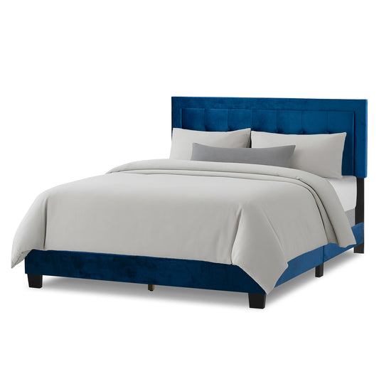 Austin Navy Blue Velvety Fabric Queen Bed with Button Tufting and Stitching