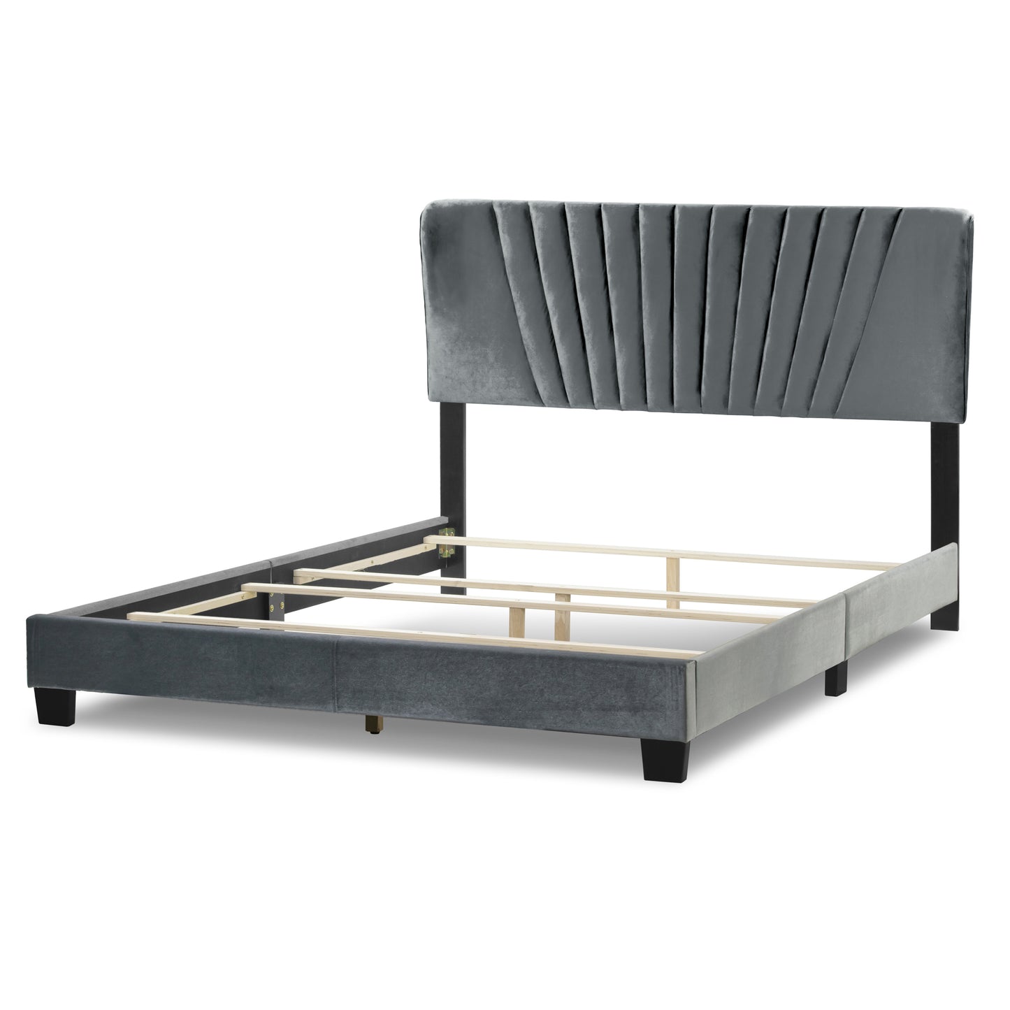 Autumn Silver Gray Velvety Fabric Queen Bed with Decorative Stitching