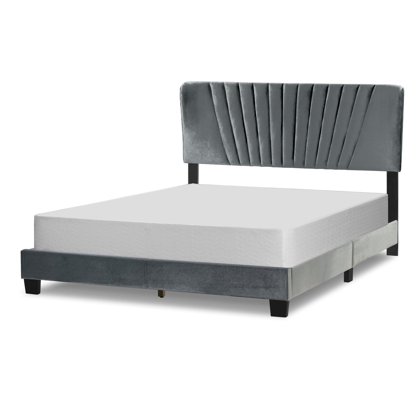 Autumn Silver Gray Velvety Fabric Queen Bed with Decorative Stitching