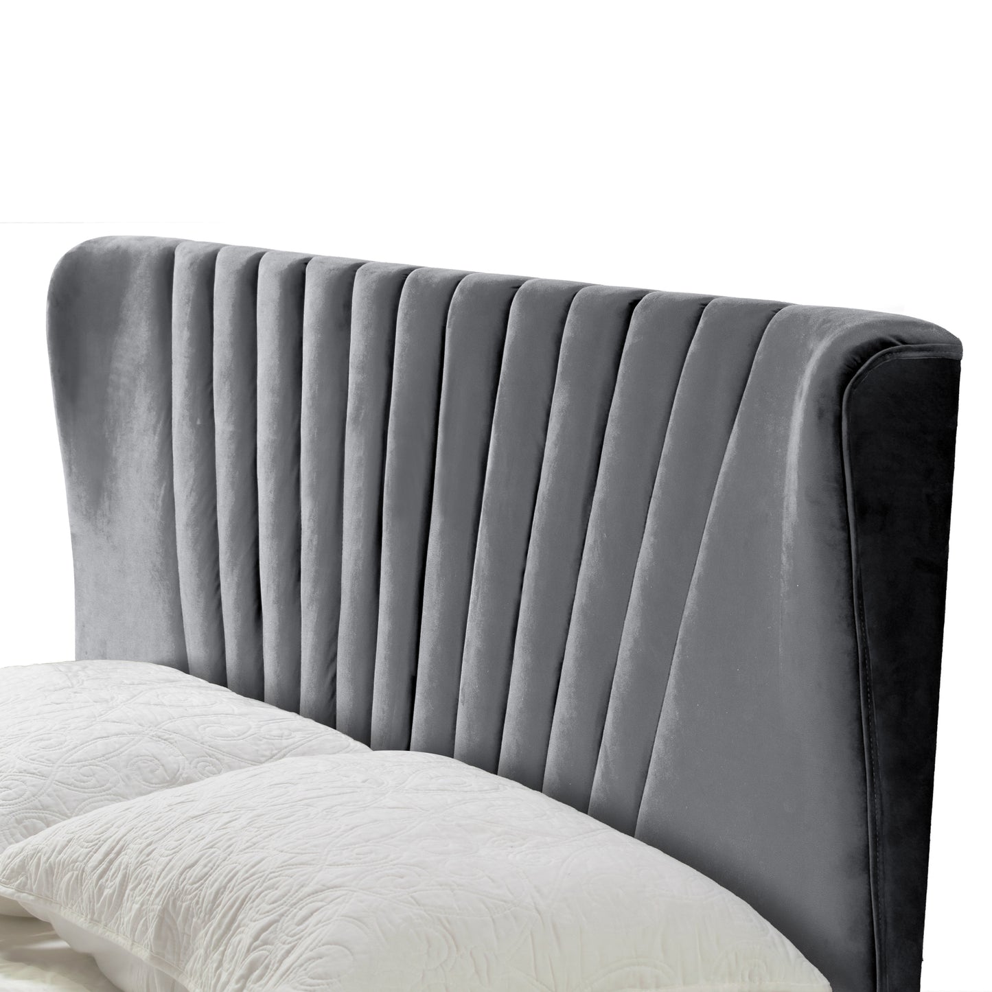 Autumn Silver Gray Velvety Fabric Queen Bed with Decorative Stitching