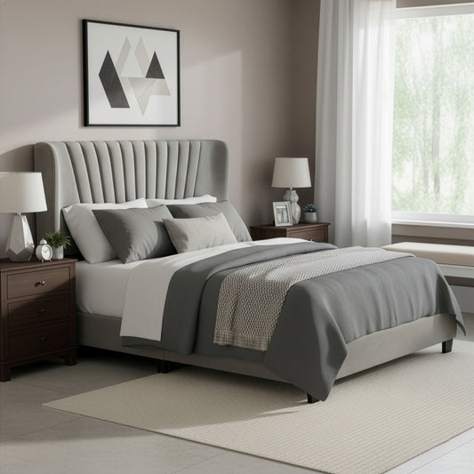 Autumn Silver Gray Velvety Fabric Queen Bed with Decorative Stitching