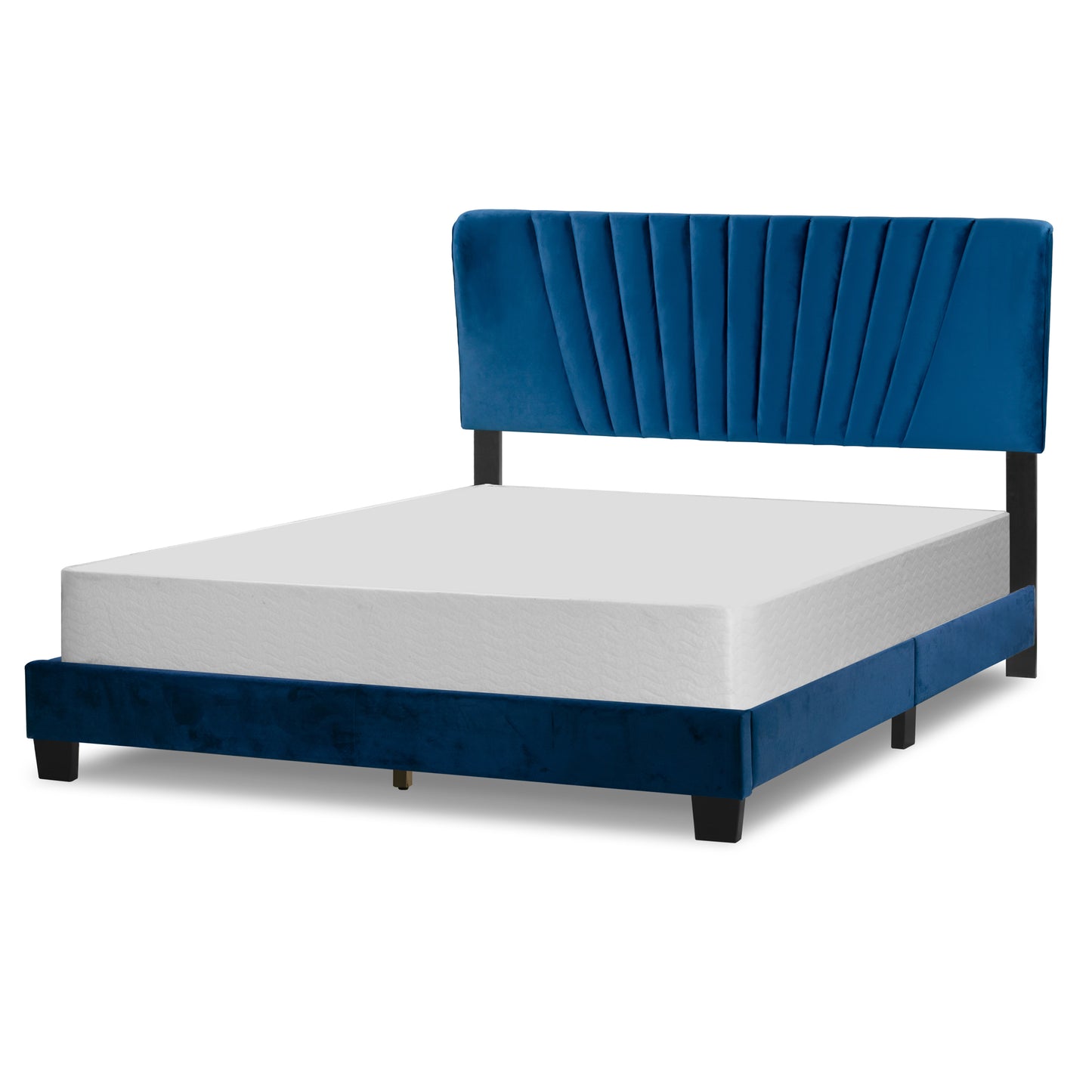 Autumn Navy Blue Velvety Fabric Queen Bed with Decorative Stitching