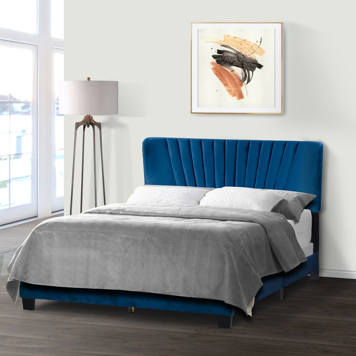 Autumn Navy Blue Velvety Fabric Queen Bed with Decorative Stitching