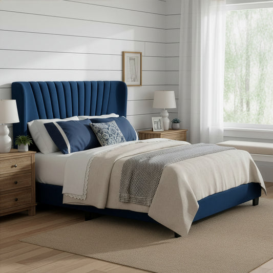 Autumn Navy Blue Velvety Fabric Queen Bed with Decorative Stitching