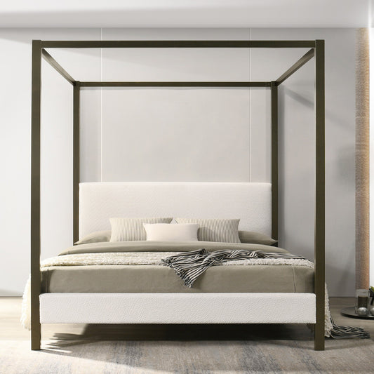 Beecher White Boucle Canopy King Bed with Iron Frame