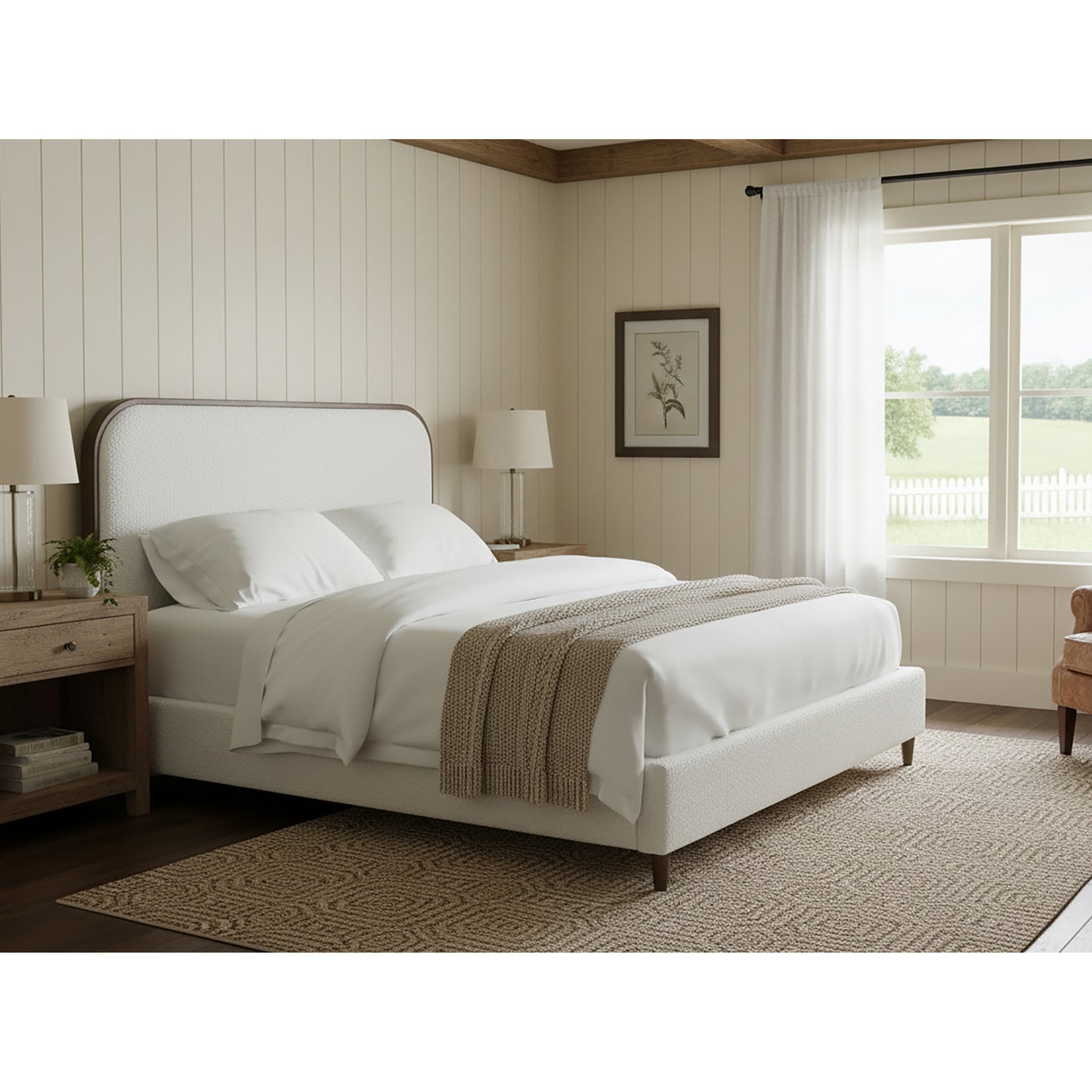 Brenda Fabric Upholstered Queen Bed with Wood Trim Accent