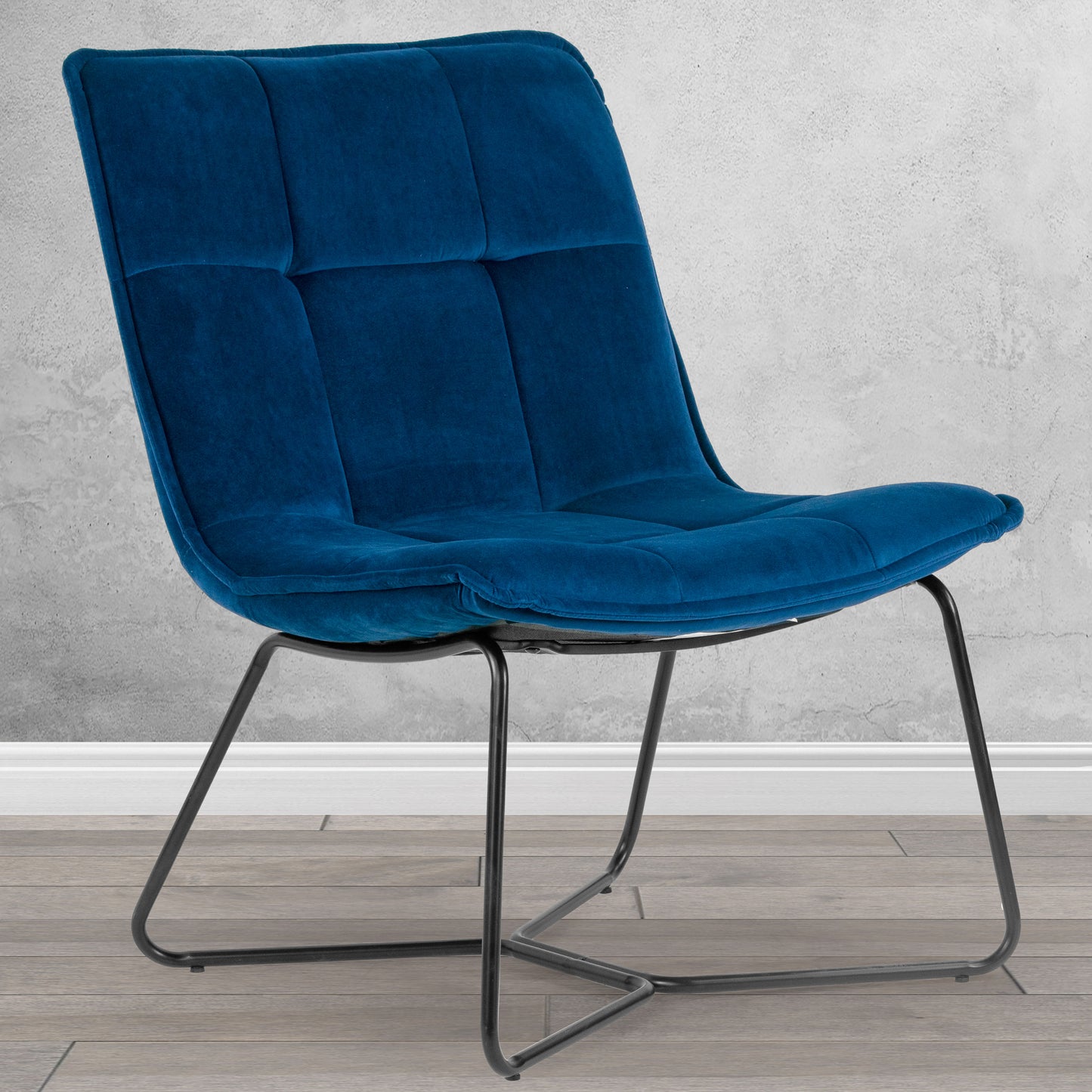 Aurele Blue Velvet Fabric Armless Accent Chair with Black Metal Legs