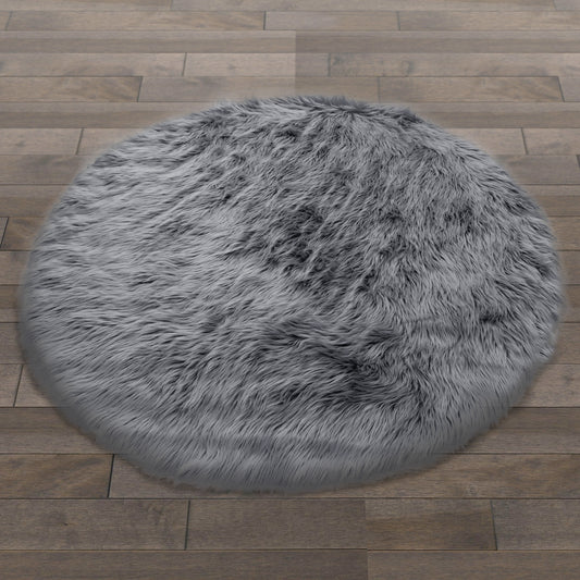 Alair Grey Round Faux Fur Area Rug 4 Foot Wide