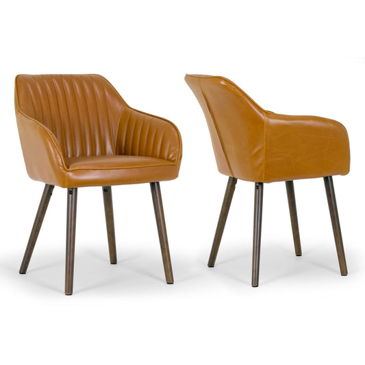 Set of 2 Alaura Arm Chair in Caramel Brown Faux Leather with Beech Legs