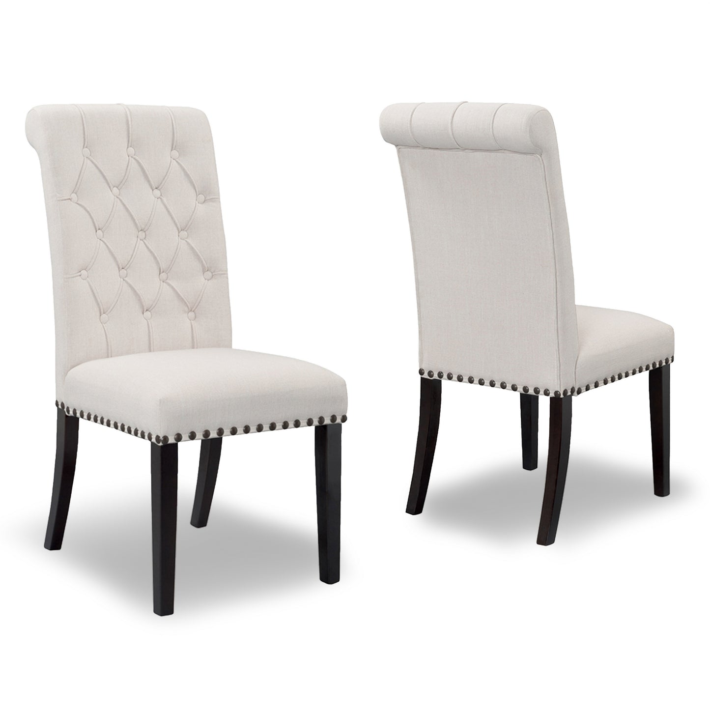Set of 2 Aleki Beige Fabric Dining Chair Roll Back with Tufted Buttons and Nail Heads