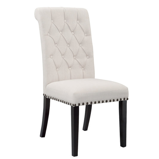 Set of 2 Aleki Beige Fabric Dining Chair Roll Back with Tufted Buttons and Nail Heads
