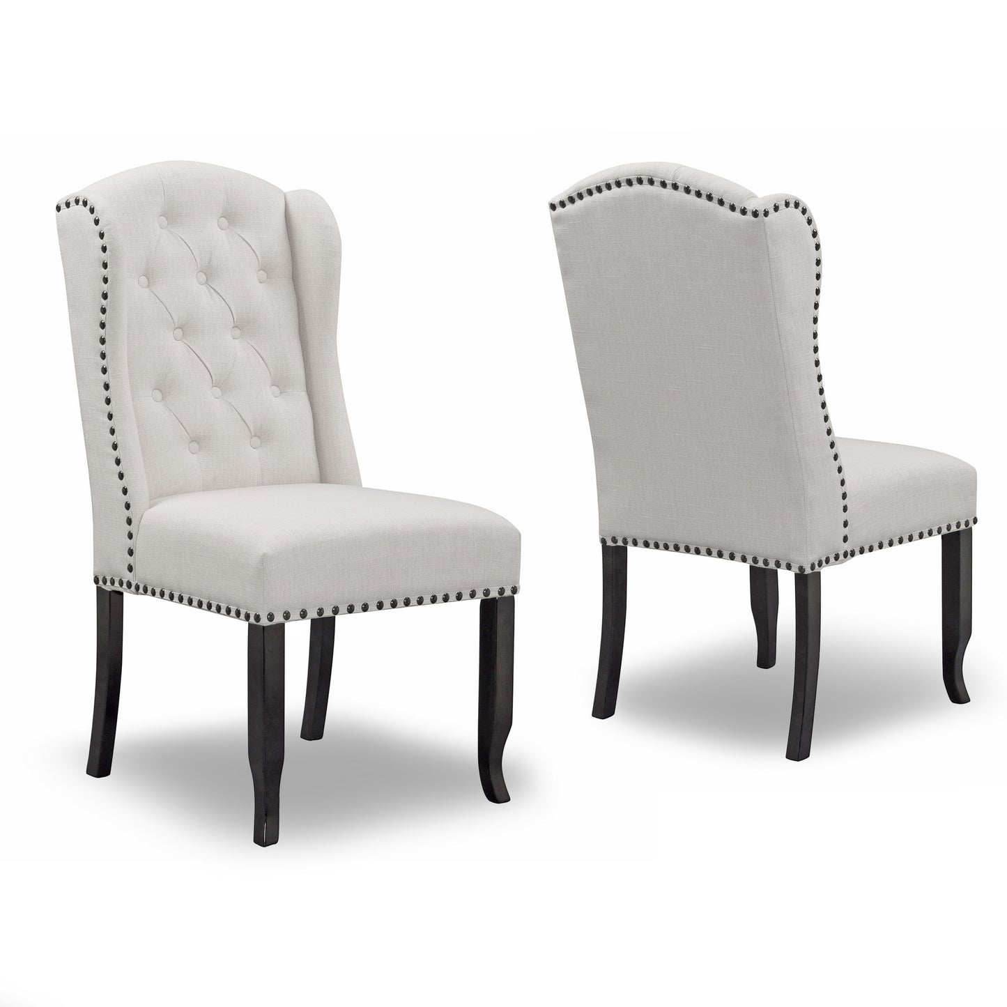 Set of 2 Alen Beige Fabric Dining Chair Wing Chair with Tufted Buttons and Nail Heads