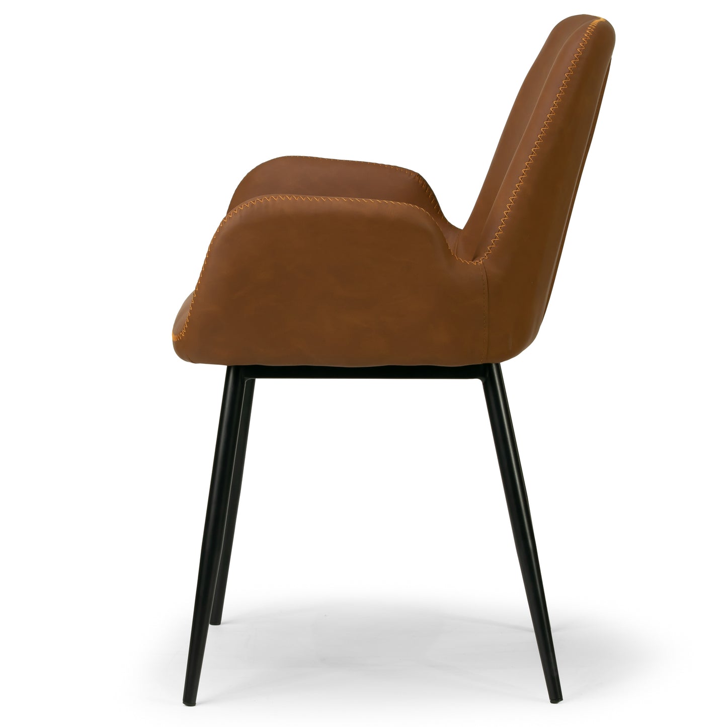 Set of 2 Alrik Caramel Brown Arm Chair with Zigzag Stitching and Black Steel Legs