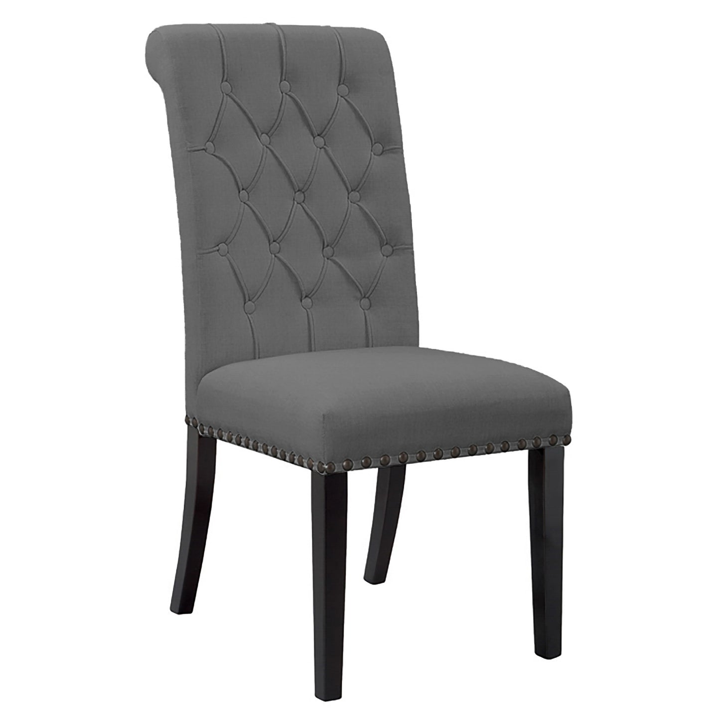 Set of 2 Aleki Grey Fabric Dining Chair Roll Back with Tufted Buttons and Nail Heads