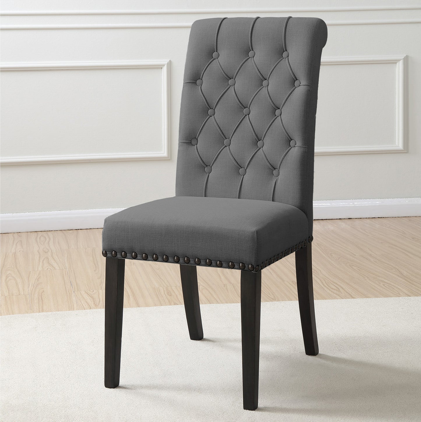 Set of 2 Aleki Grey Fabric Dining Chair Roll Back with Tufted Buttons and Nail Heads