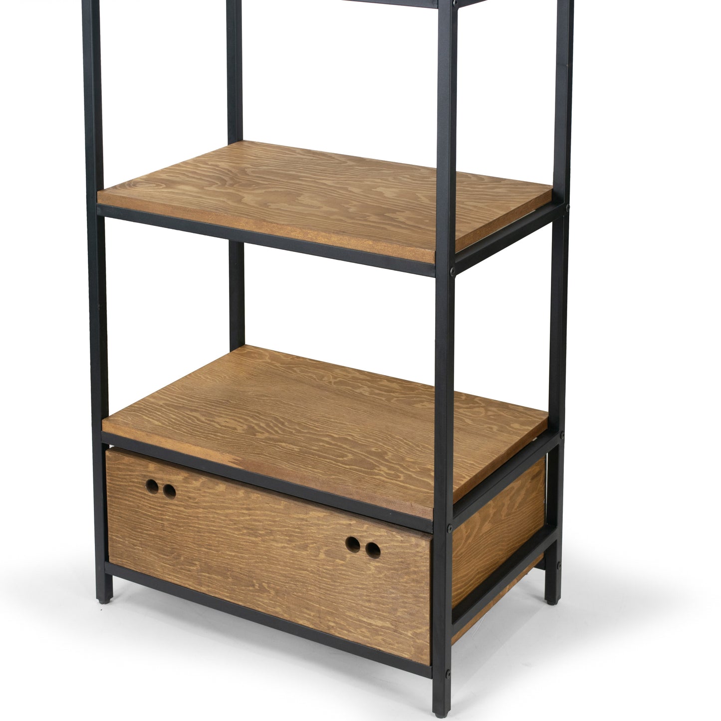 Amy Brown Pine Wood Display Shelf Etagere Metal Frame Bookcase with Drawer