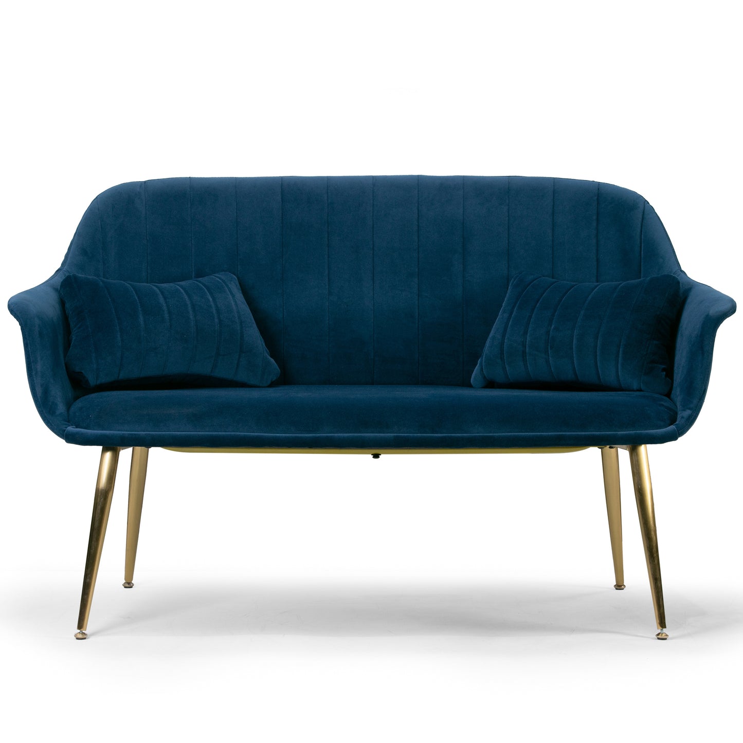 Angela Blue Velvet Loveseat with Golden Metal Legs Stitching Accent