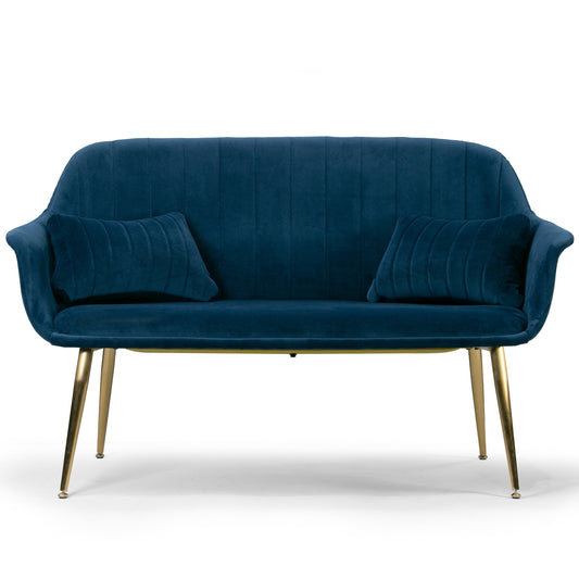 Angela Blue Velvet Loveseat with Golden Metal Legs Stitching Accent