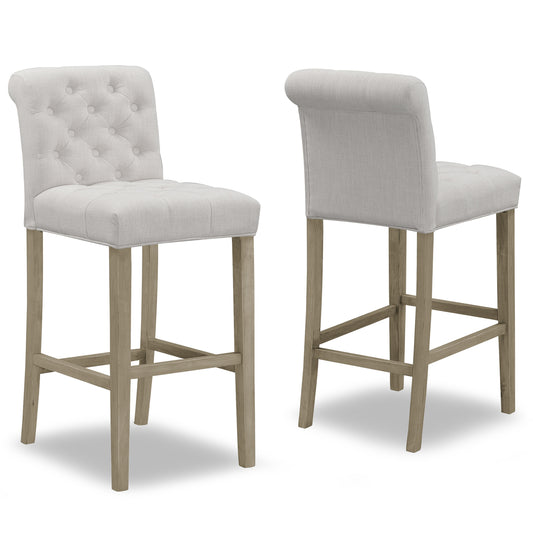 Set of 2 Aleen Beige Fabric Bar Stool with Roll Back Design and Tufted Buttons