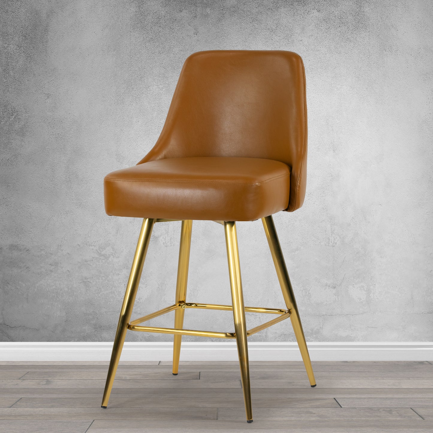 Set of 2 Auren Light Brown Upholstered Metal Frame Counter Stool with Golden Legs