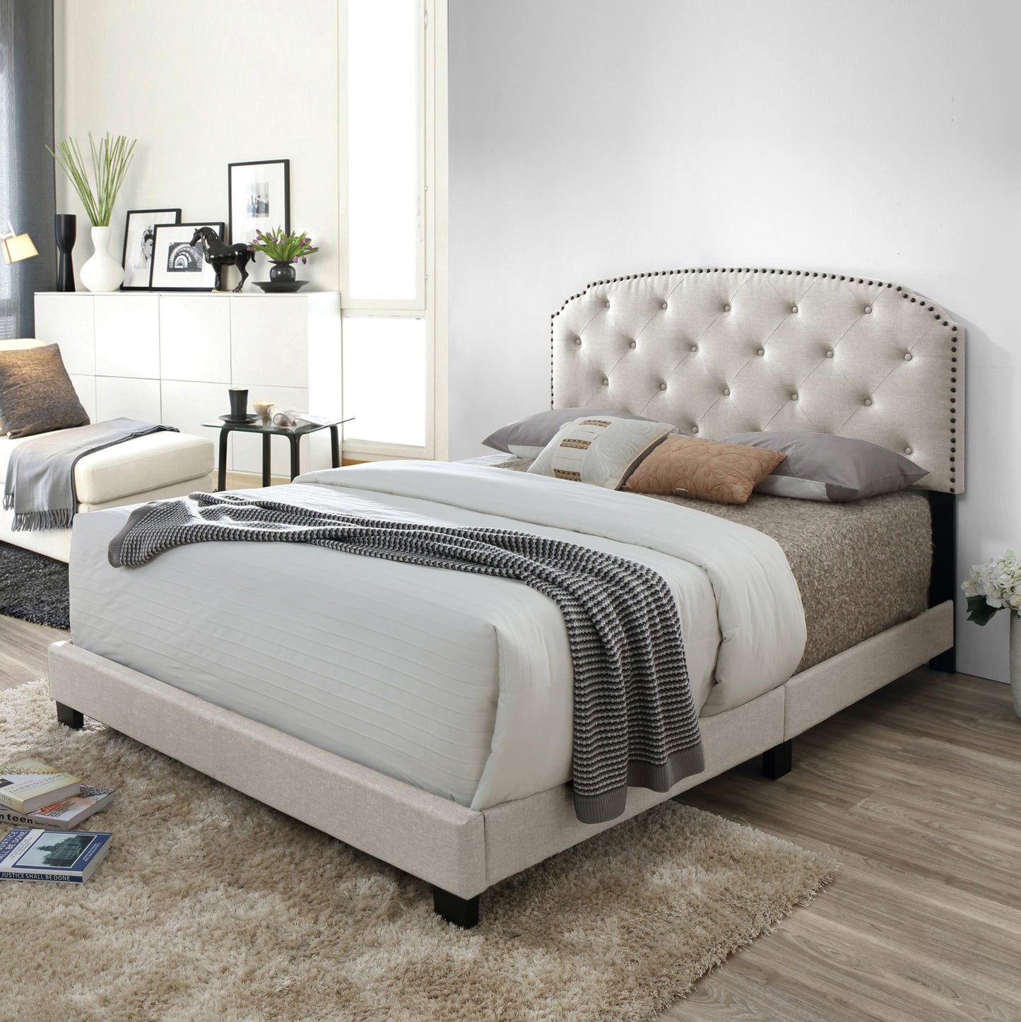 Arin Beige Fabric Queen Bed with Button Tufting and Black Nail Head Trim
