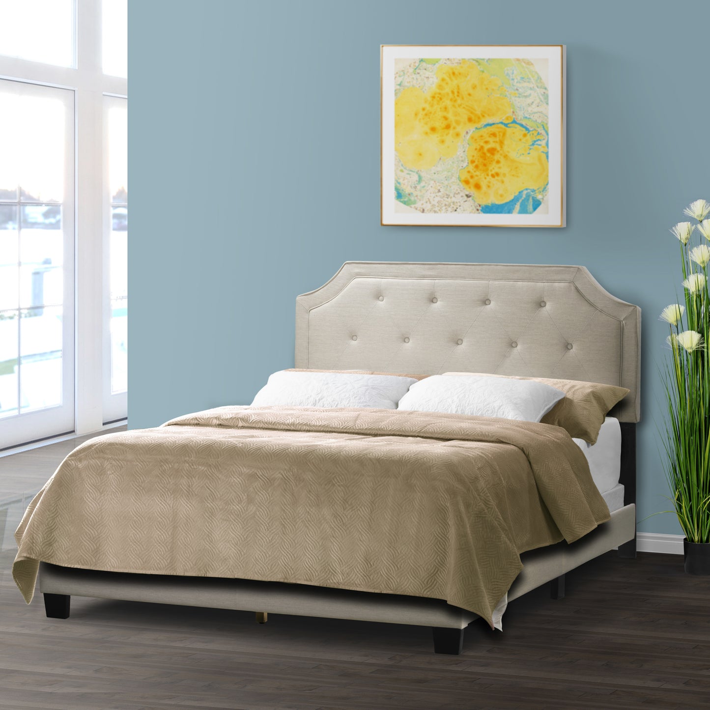 Aria Beige Fabric Queen Bed with Piping and Button Tufting