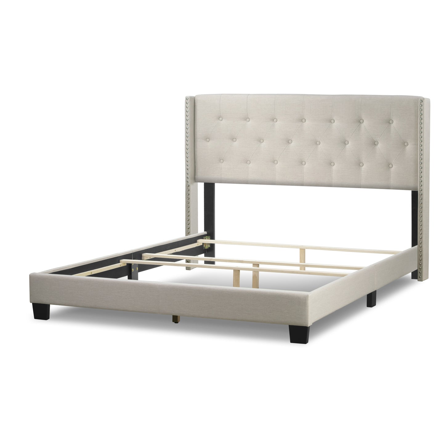 Asali Beige Fabric Twin Bed with Button Tufting and Nail Headed Wings