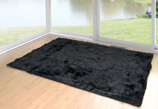 Faux Sheepskin Fur Area Rug Black Rectangular 5x3