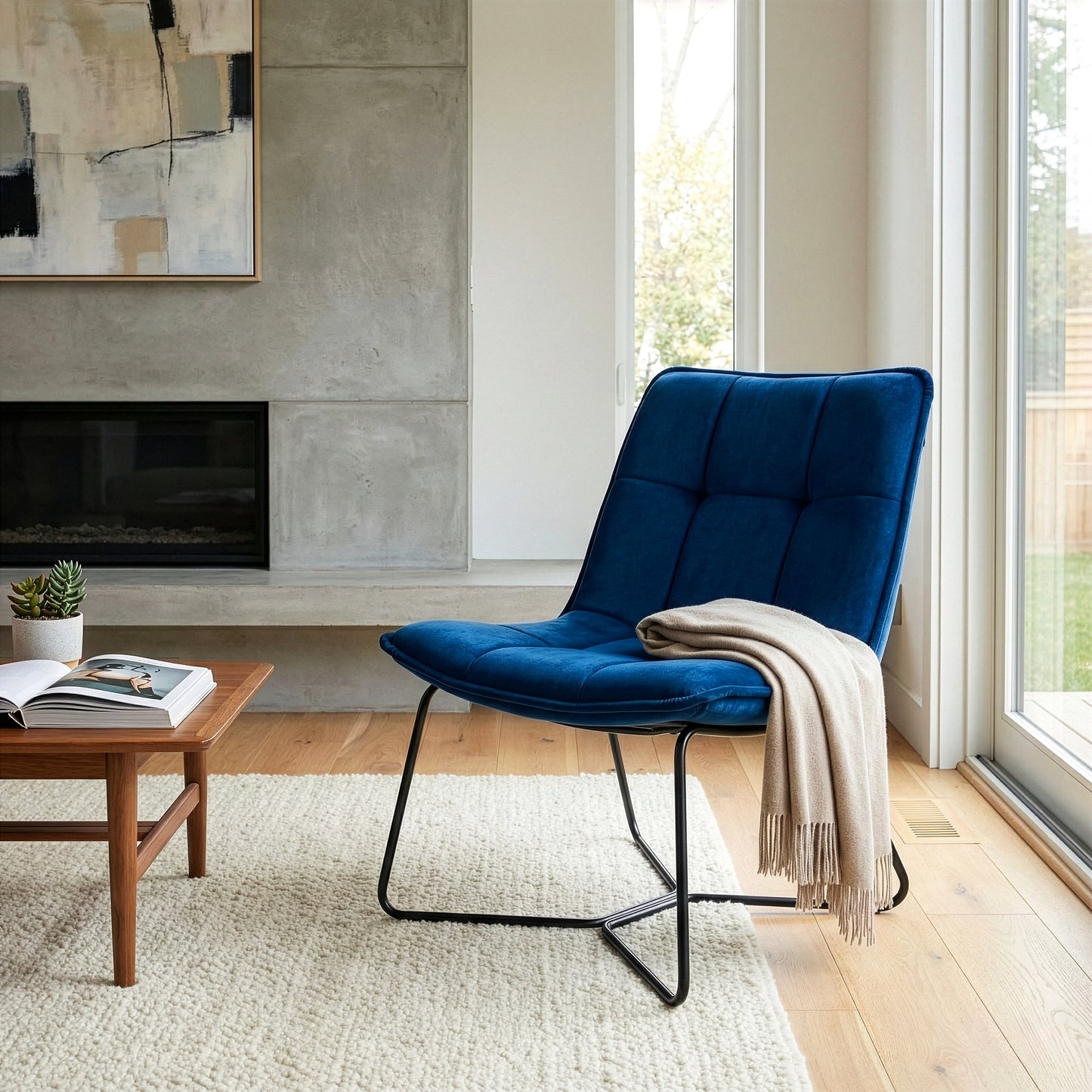 Aurele Blue Velvet Fabric Armless Accent Chair with Black Metal Legs