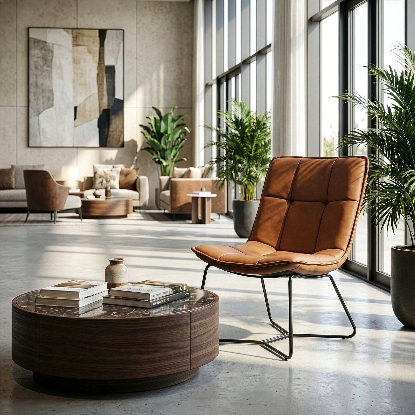 Aurele Light Brown Faux Leather Armless Accent Chair with Black Metal Legs